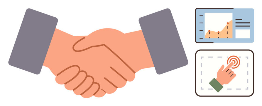 Two hands shaking, analytics graph and touchscreen gesture icons emphasizing partnership, technology, and data-driven collaboration. Ideal for business, teamwork, innovation, trust, networking