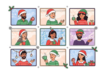 Virtual Christmas Party People Celebrating Online.