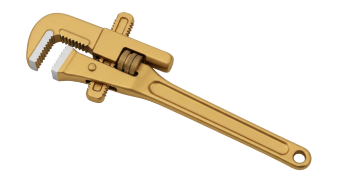 Isolated Still life of a pipe wrench with golden hue for mechanical repairs and construction