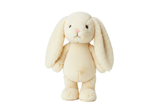 Isolated beige plush rabbit toy standing upright, soft cream-colored fuzzy stuffed bunny