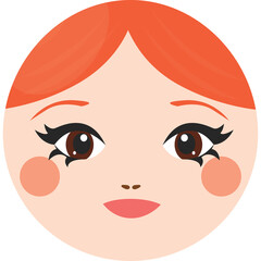 Close up of a stylized cartoon female face with orange hair pink cheeks large brown eyes and subtle smile on a transparent background
