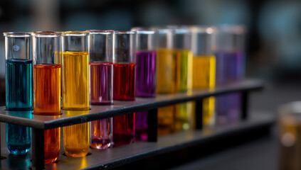 Row of colorful chemical solutions in laboratory test tubes on a rack for scientific research