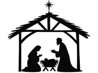 Silhouette of the Nativity scene inside a stable with Mary, Joseph, and baby Jesus.