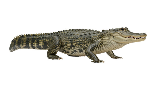 Isolated Reptile Predator Crocodilian Alligator Crawling on Four Legs, Mouth Slightly Open