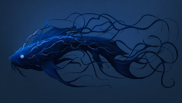 Mysterious bioluminescent deep sea creature with glowing blue light and flowing tendrils in dark water