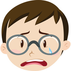 Close up of a Young Boy's Sad Face with Glasses and a Tear Dropping Down His Cheek Expressing Distress and Sadness against a Transparent Background