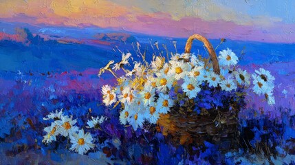 Woman with wicker basket full of chamomiles outdoors, closeup