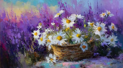 Woman with wicker basket full of chamomiles outdoors, closeup