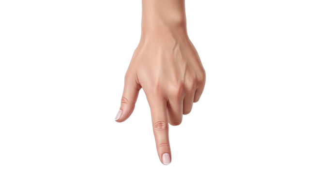 Isolated hand pointing down, indicating with finger, showing direction or demonstrating