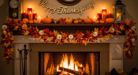 A cozy fireplace decorated for Thanksgiving with candles, pumpkins, a garland of autumn leaves, and a "Happy Thanksgiving" banner, creating a warm and inviting atmosphere.