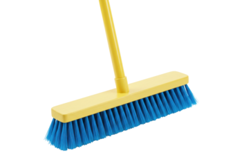 Isolated broom with blue bristles and yellow handle is for cleaning and sweeping dirt indoors