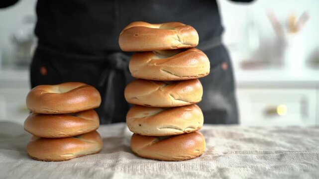 Static composition of bagels stacked neatly on linen cloth. Soft daylight, minimalist tone, 4K HDR clarity.
