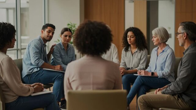Group therapy session with diverse men and women discussing and supporting each other, addressing challenges and healing, footage.