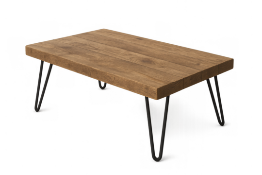 Wood coffee table with hairpin legs, modern industrial design, rustic wooden top, isolated on transparent background