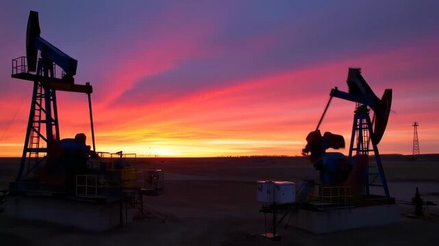 Silhouetted oil pumps at dusk against a vibrant, fiery sky. Colors span purple, red, and orange