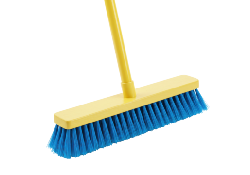 Isolated broom with blue bristles and yellow handle is for cleaning and sweeping dirt indoors
