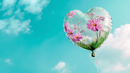 A heart-shaped balloon floating in the blue sky, filled with flowers and water, symbolizing love for nature.