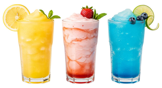 Three colorful frozen slushy drinks in yellow, pink, and blue, garnished with fruit and mint, isolated on transparent background