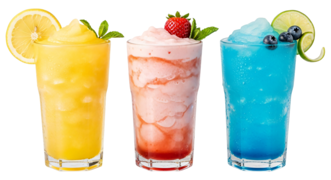 Three colorful frozen slushy drinks in yellow, pink, and blue, garnished with fruit and mint, isolated on transparent background