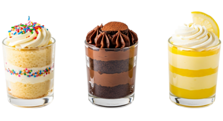 Three mini cakes in glasses isolated on transparent background