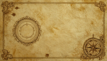 Antique parchment paper with ornate borders and compass rose design for vintage backgrounds