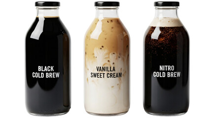Three glass bottles of cold brew coffee, including black, vanilla sweet cream, and nitro, isolated on transparent background