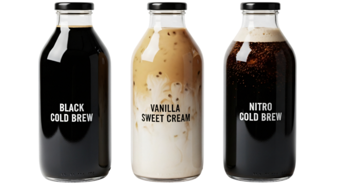 Three glass bottles of cold brew coffee, including black, vanilla sweet cream, and nitro, isolated on transparent background
