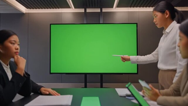 Three Asian businesswomen in a meeting room, one pointing to a green screen display while the others listen attentively.