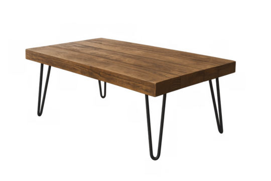 Coffee table having wooden top and hairpin legs, showing modern rustic furniture design element on transparent background - Powered by Adobe