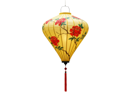 Isolated illuminated yellow silk lantern with flowers, Asian culture, traditional style