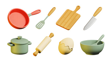 Kitchen Utensils Cookware Items in 3D Rendering Style Pan Spoon Knife Pot Bowl