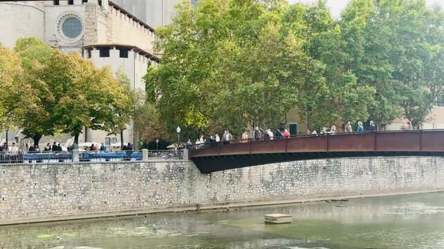 Scenic View of Bridge and Riverside Buildings in Girona, Catalonia, Spain
