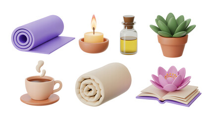 Yoga and Meditation 3D Icons Mat Candle Oil Plant Coffee Towel Lotus
