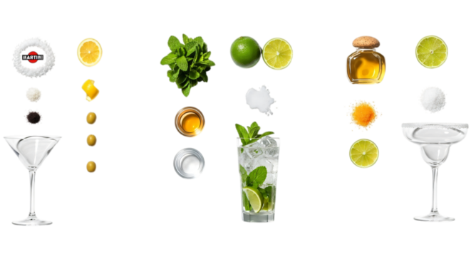 Ingredients for making cocktails isolated on transparent background