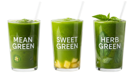 Three green smoothies with text isolated on transparent background