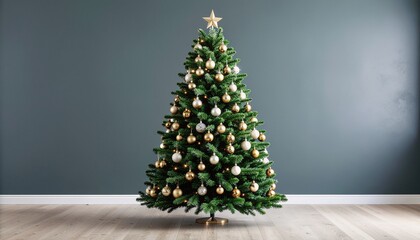 Elegantly decorated Christmas tree with gold and silver baubles and a star topper, standing against a simple dark wall for a festive holiday background