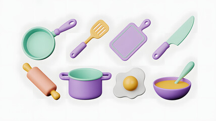 Cookware and Utensils in 3D Render Style Frying Pan Spatula Knife Pot Spoon