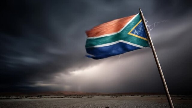 A flag flutters in a storm with a dramatic sky and lightning over a desert landscape