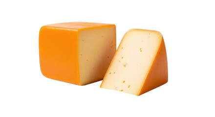 Isolated pieces of delicious orange hard cheese, semi-hard cheese with small holes and thick rind
