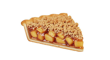 Isolated slice of apple crumble pie with caramel filling against a neutral background