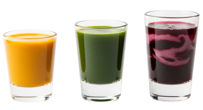 Three glasses of colorful healthy juices, including orange, green, and berry, isolated on transparent background