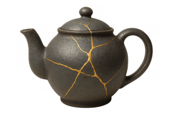 Kintsugi teapot showcasing japanese art of repairing broken pottery with golden lacquer on a transparent background