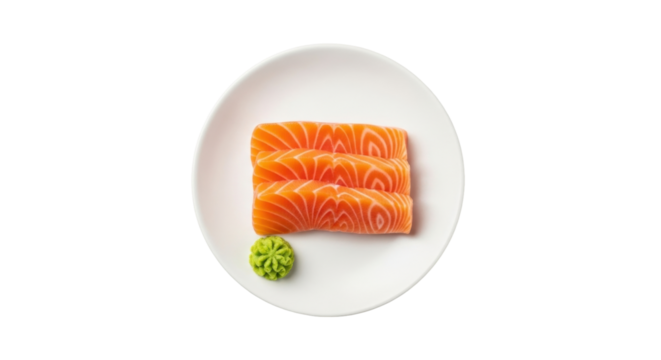 Isolated sashimi salmon on plate, Japanese food, wasabi, appetizer, Asian cuisine, dish - Powered by Adobe