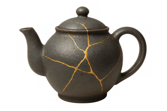 Kintsugi teapot showcasing japanese art of repairing broken pottery with golden lacquer on a transparent background