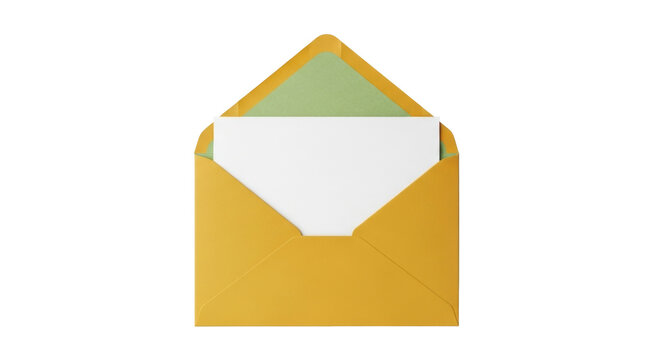 Isolated yellow paper envelope with greeting card, blank template and green interior