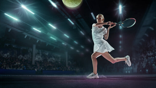 Female tennis player extended stance defensive position indoor 3D match court. Concept of athletic control, technique in sport education, athlete analytics, and coaching resources.