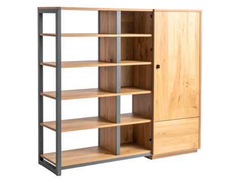 Tall wooden cabinet with open shelving and one door - Powered by Adobe