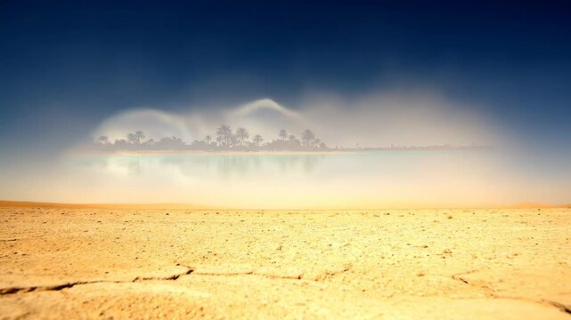 Mesmerizing video of a Fata Morgana mirage over a desert oasis, palm trees shimmering above the horizon in a surreal optical illusion