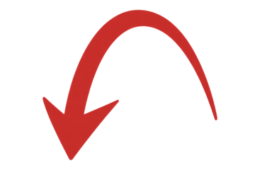 Red curved arrow pointing down vector illustration graphic isolated on transparent background
