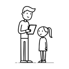 Father standing with daughter while using tablet, depicting family technology interaction, education, and modern parenting.